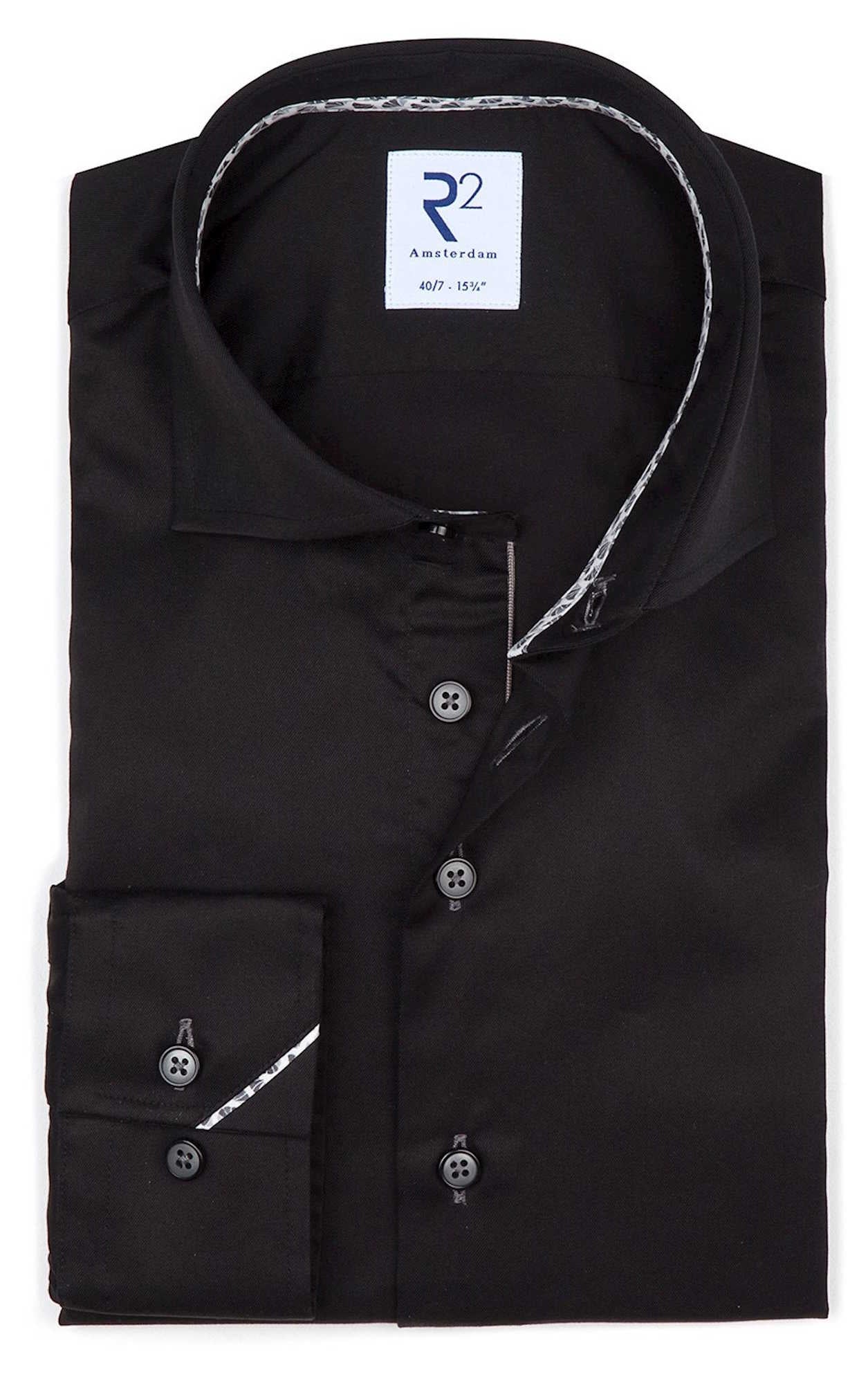 R2 Amsterdam Heren Overhemd Zwart Twill Modern Fit