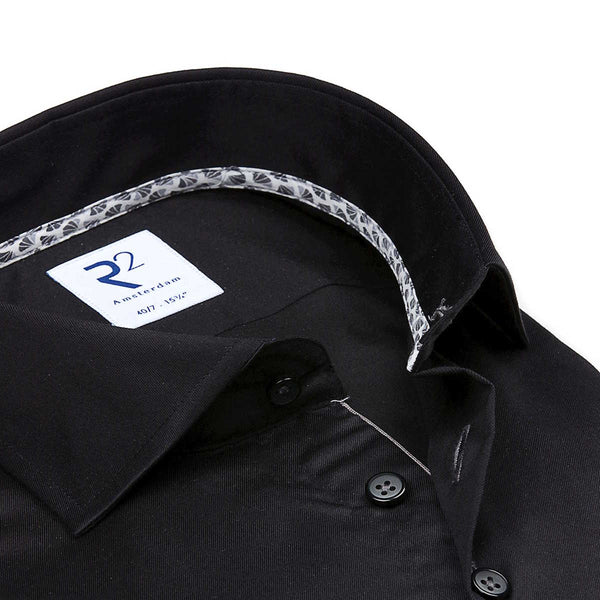 R2 Amsterdam Heren Overhemd Zwart Twill Modern Fit