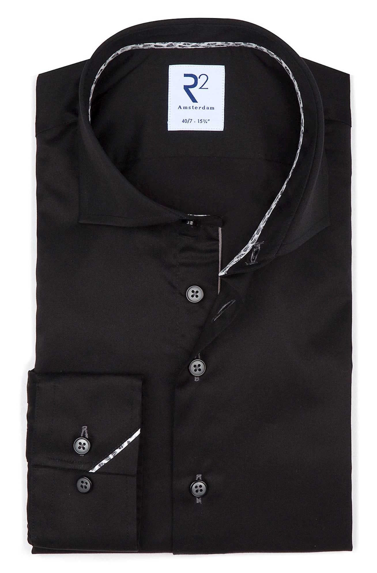 R2 Amsterdam Heren Overhemd Zwart Twill Modern Fit