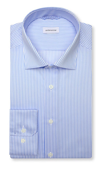 Seidensticker Heren Overhemd Blauw Streep Satijn Slim Fit ML7 Extra Lang Opgevouwen