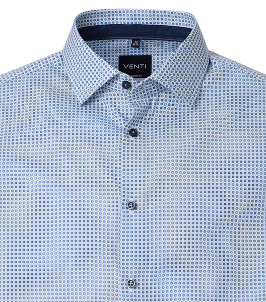 Venti Heren Overhemd Blauw Print met Navy Contrast Modern Fit ML7 Boord