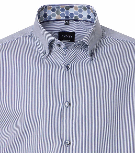 Venti Heren Overhemd Blauw Streep Contrast Modern Fit Button Down ML7 Zoom