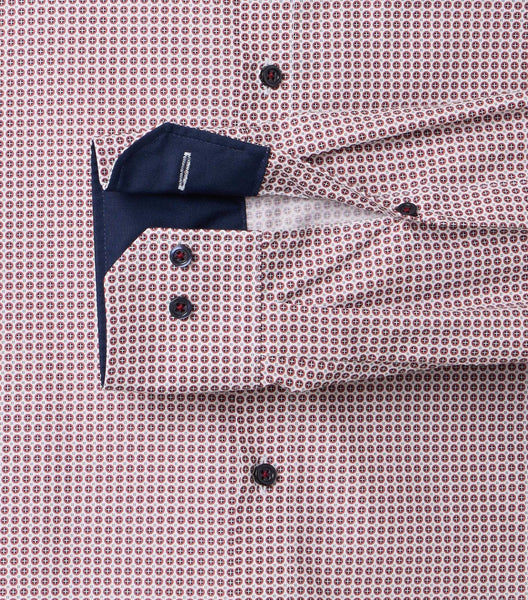 Venti Heren Overhemd Rood Print met Navy Contrast Modern Fit ML7 Mouw