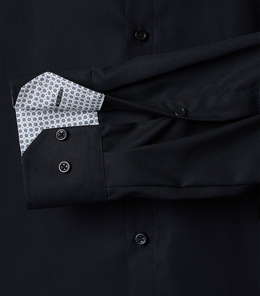 Venti Heren Overhemd Zwart met Grijs Contrast Modern Fit ML7 Mouw