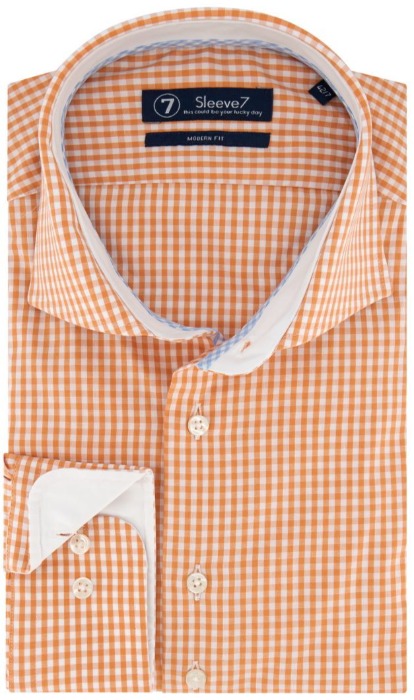 Sleeve7 Heren Overhemd Oranje Allover Ruitjes Poplin Modern Fit