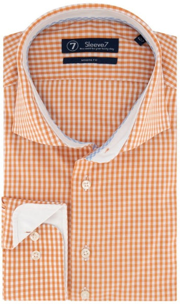 Sleeve7 Heren Overhemd Oranje Allover Ruitjes Poplin Modern Fit