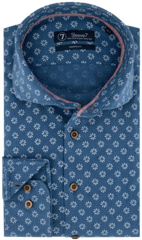 Sleeve7 Heren Overhemd Donkerblauw Bloemen Print Modern Fit