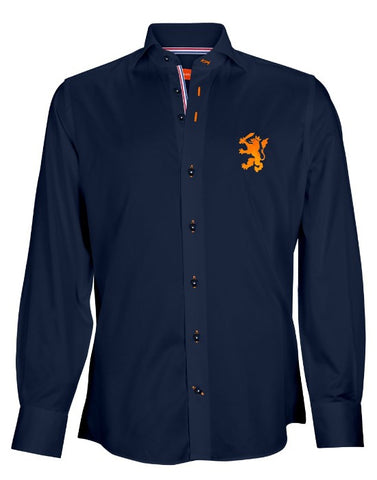 ShirtsofHolland Overhemd Navy Blauw Met Oranje Leeuw